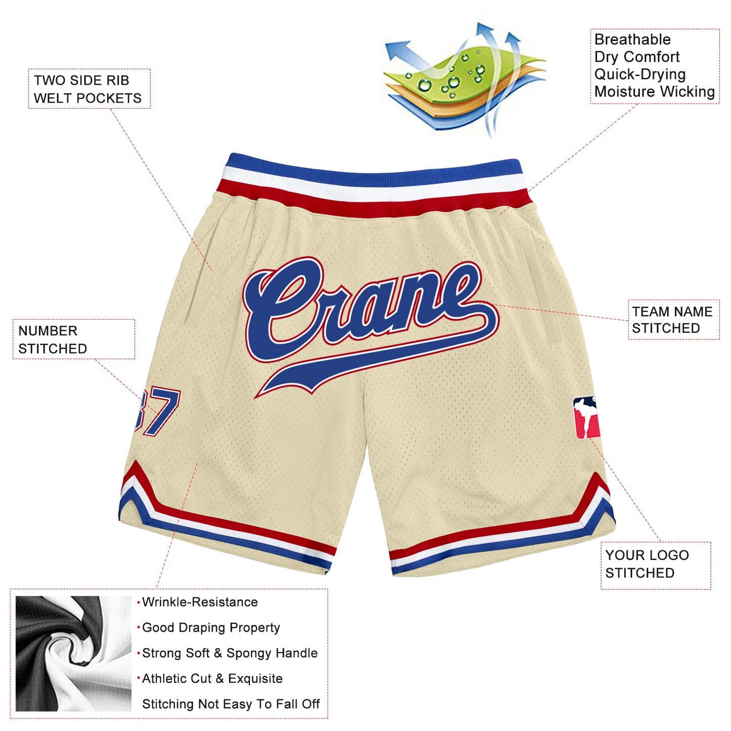 Custom Cream Royal-Red Authentic Throwback Basketball Shorts view 2