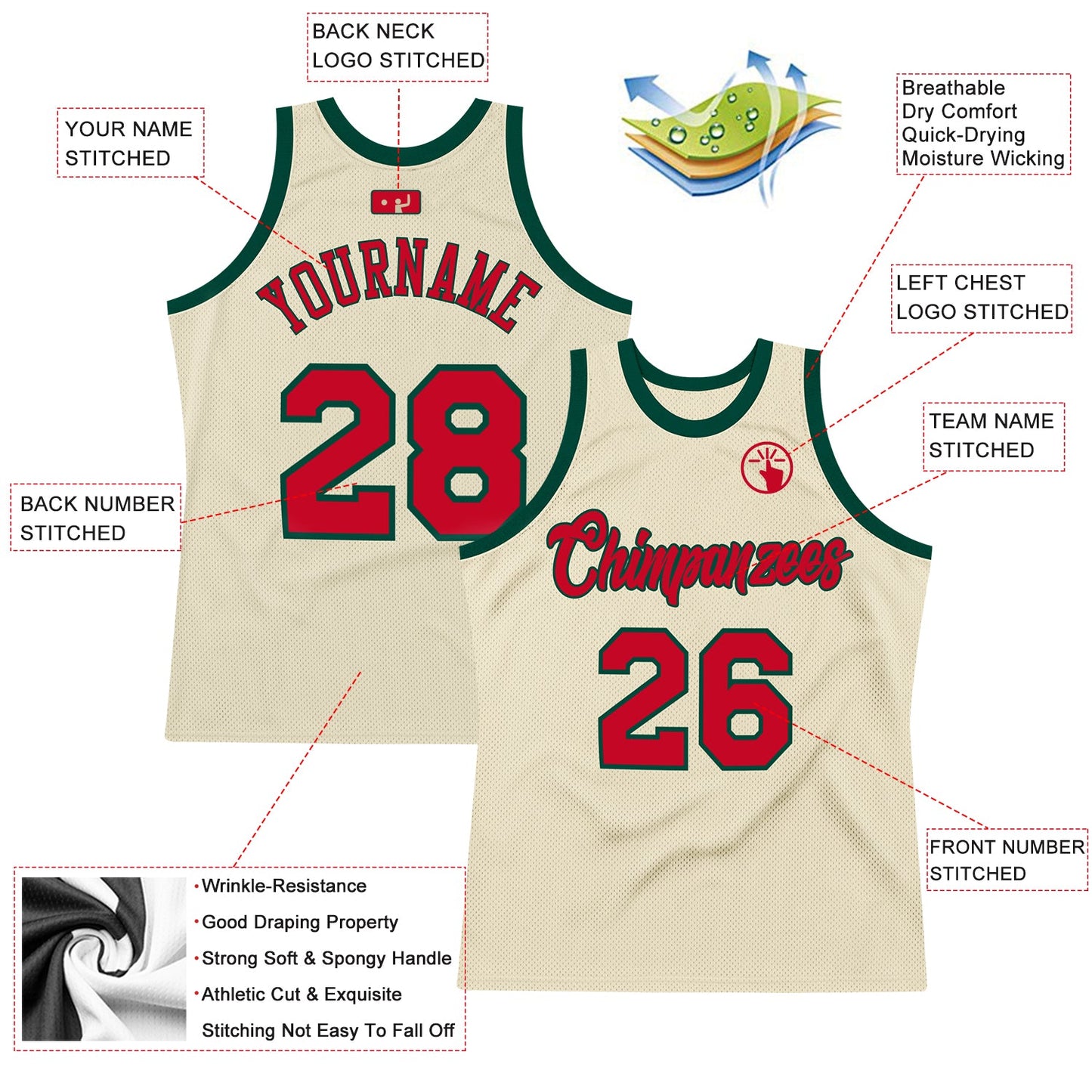 Custom Cream Red-Hunter Green Authentic Throwback Basketball Jersey view 2