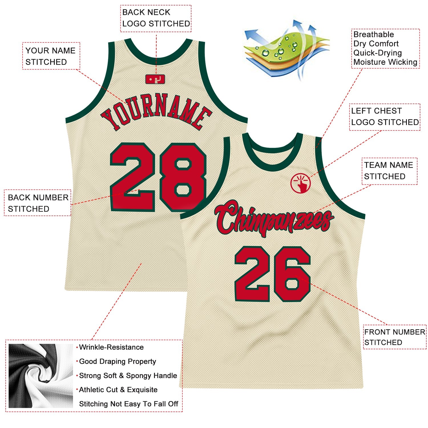 Custom Cream Red-Hunter Green Authentic Throwback Basketball Jersey view 2