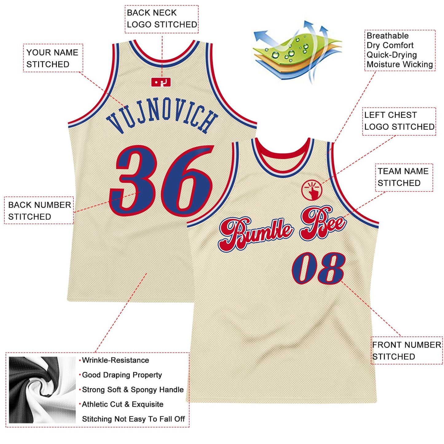 Custom Cream Royal-Red Authentic Throwback Basketball Jersey view 2