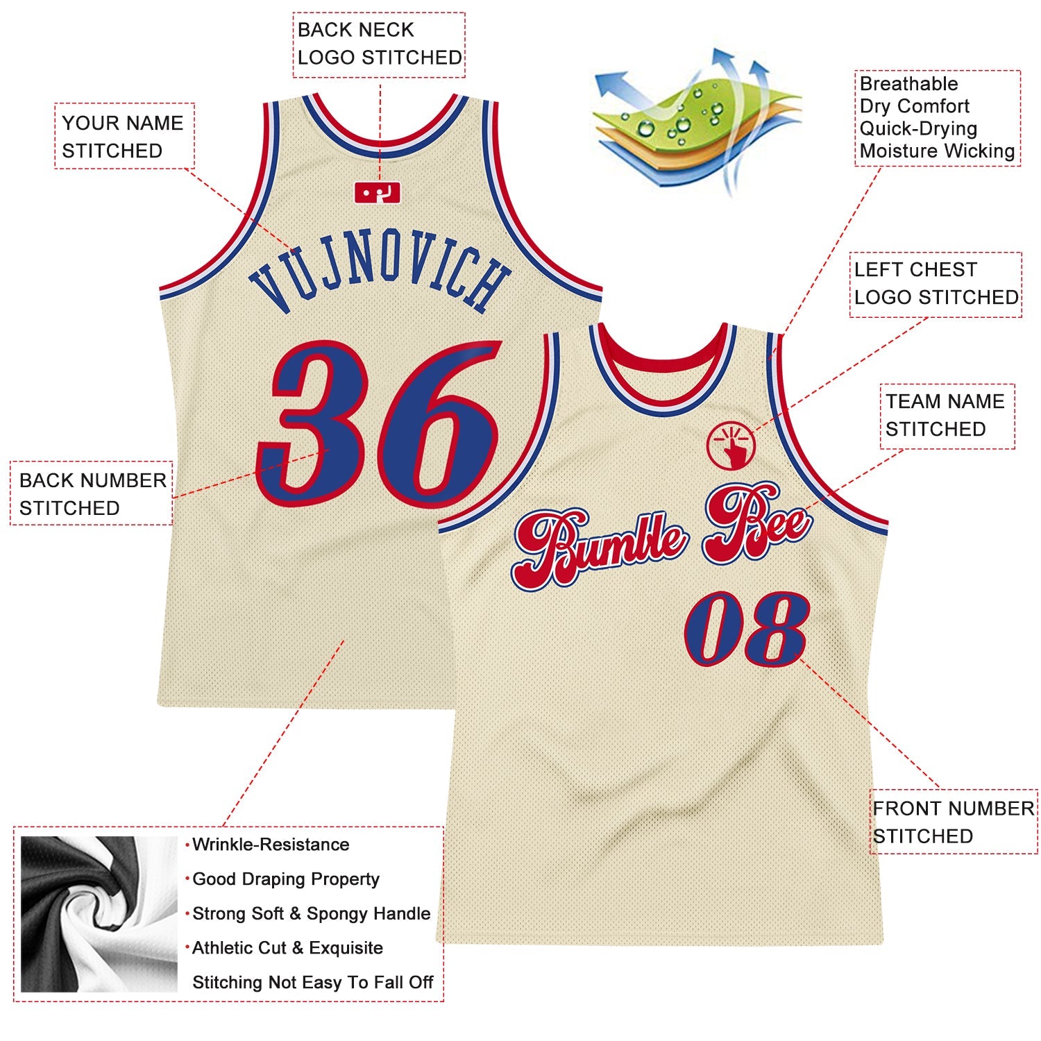 Custom Cream Royal-Red Authentic Throwback Basketball Jersey view 2