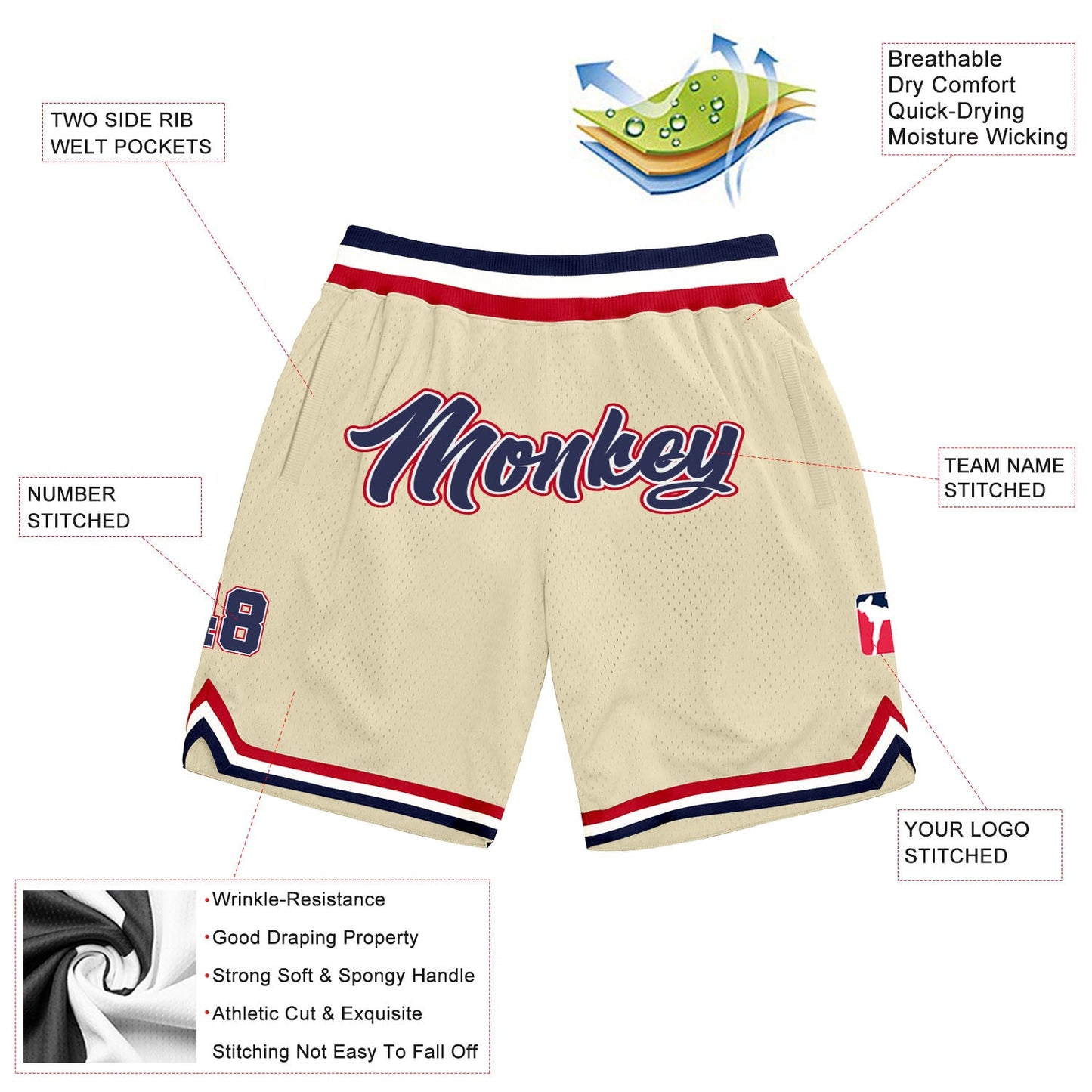 Custom Cream Navy-Red Authentic Throwback Basketball Shorts view 2