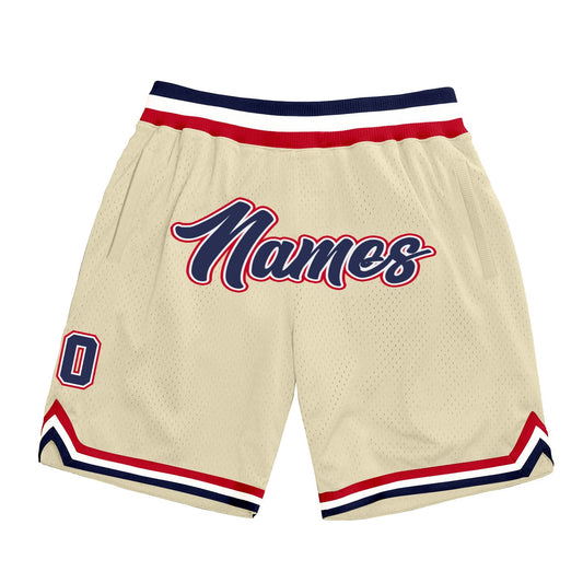 Custom Cream Navy-Red Authentic Throwback Basketball Shorts - Main View