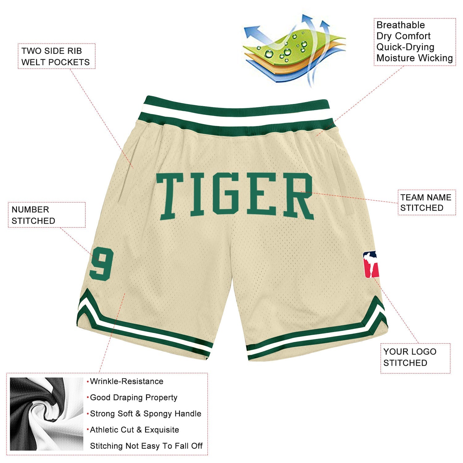 Custom Cream Kelly Green-White Authentic Throwback Basketball Shorts view 2