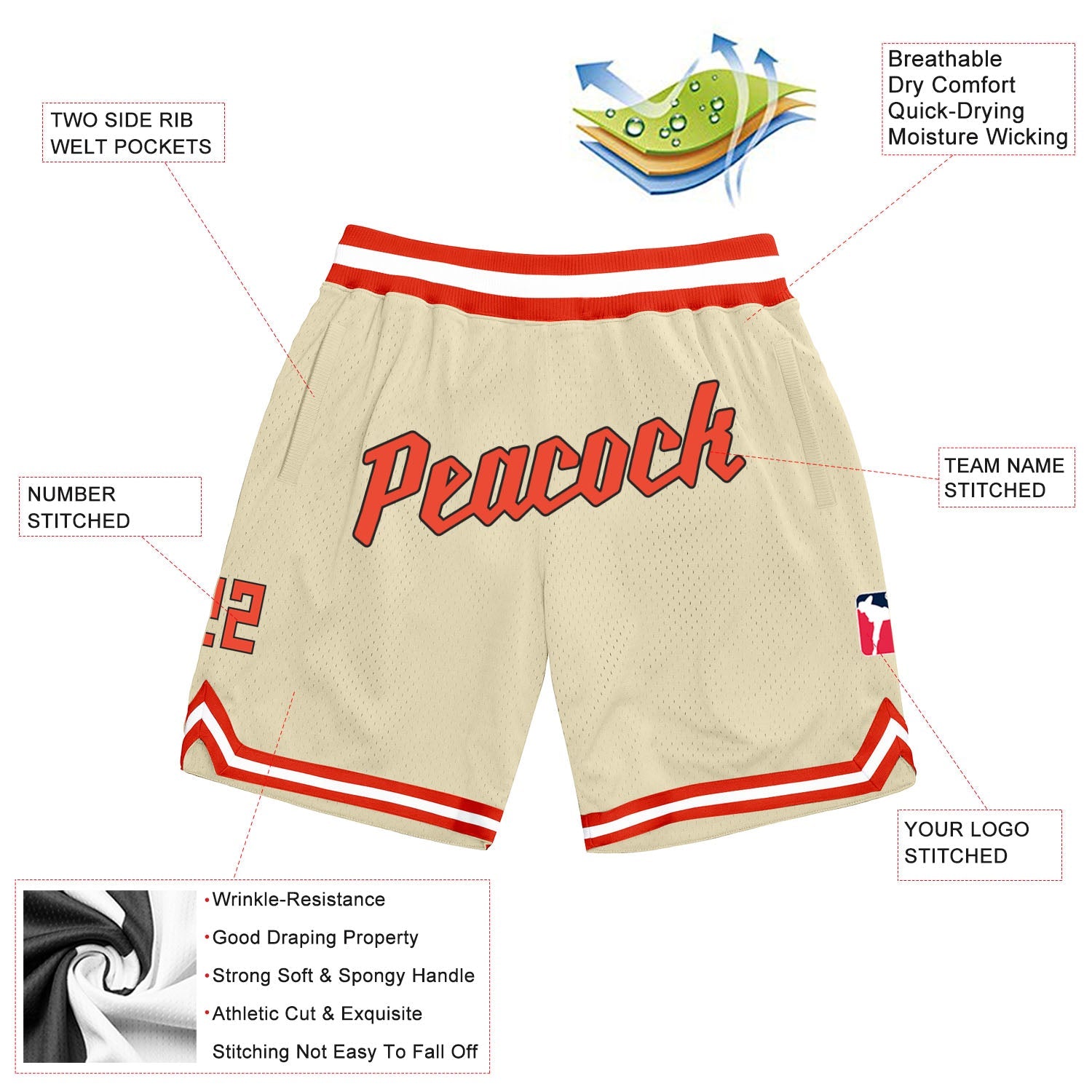 Custom Cream Orange-White Authentic Throwback Basketball Shorts view 2