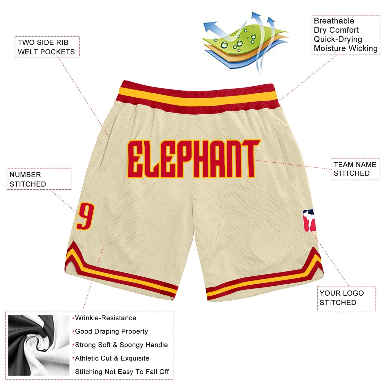 Custom Cream Red-Gold Authentic Throwback Basketball Shorts view 2