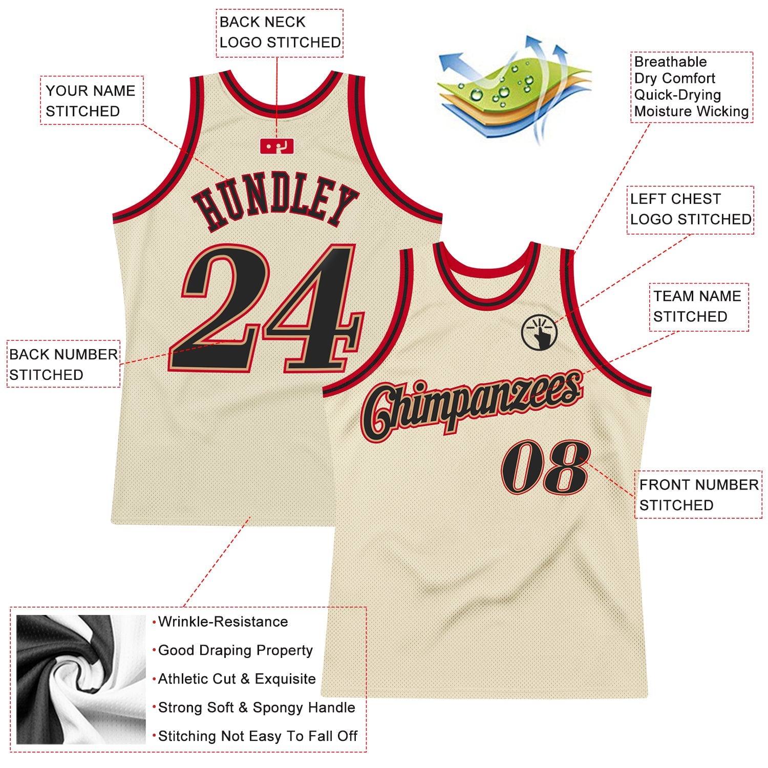 Custom Cream Black-Red Authentic Throwback Basketball Jersey view 2