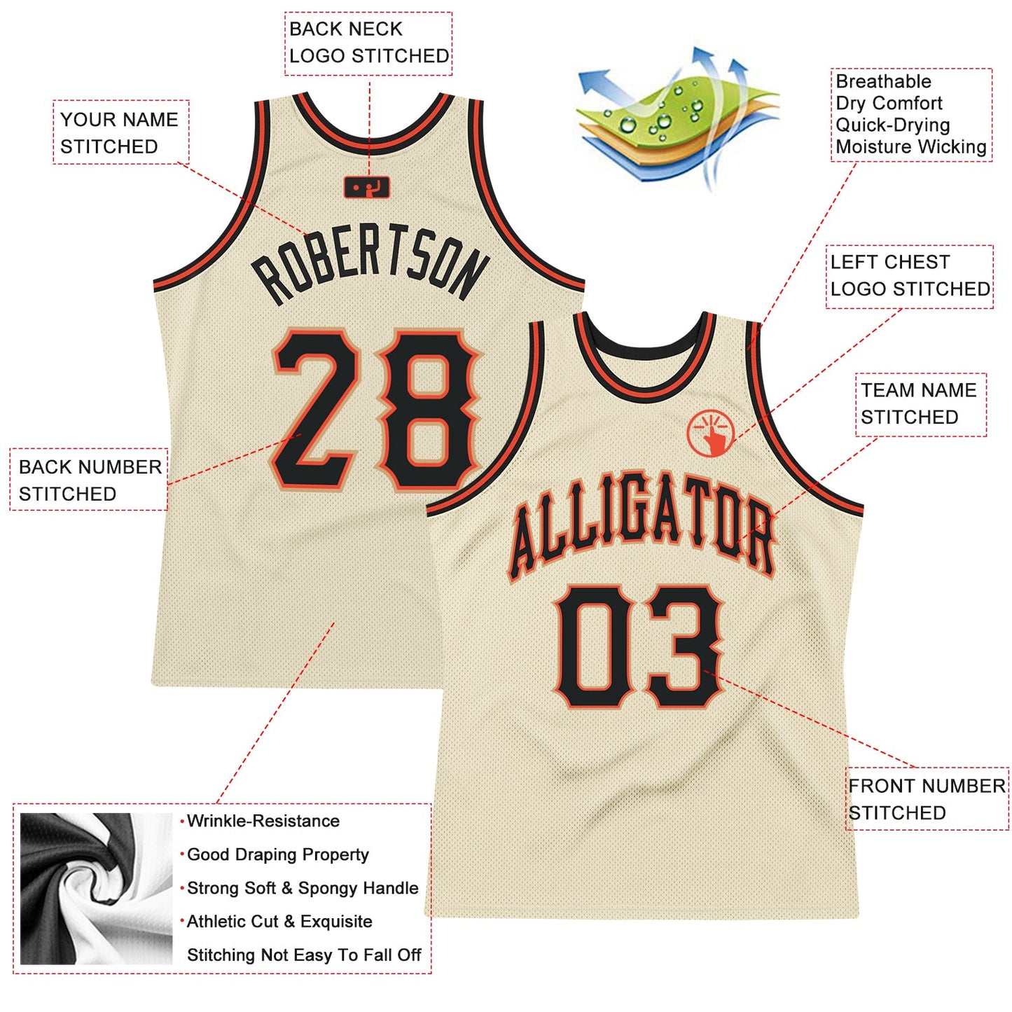 Custom Cream Black-Orange Authentic Throwback Basketball Jersey view 2