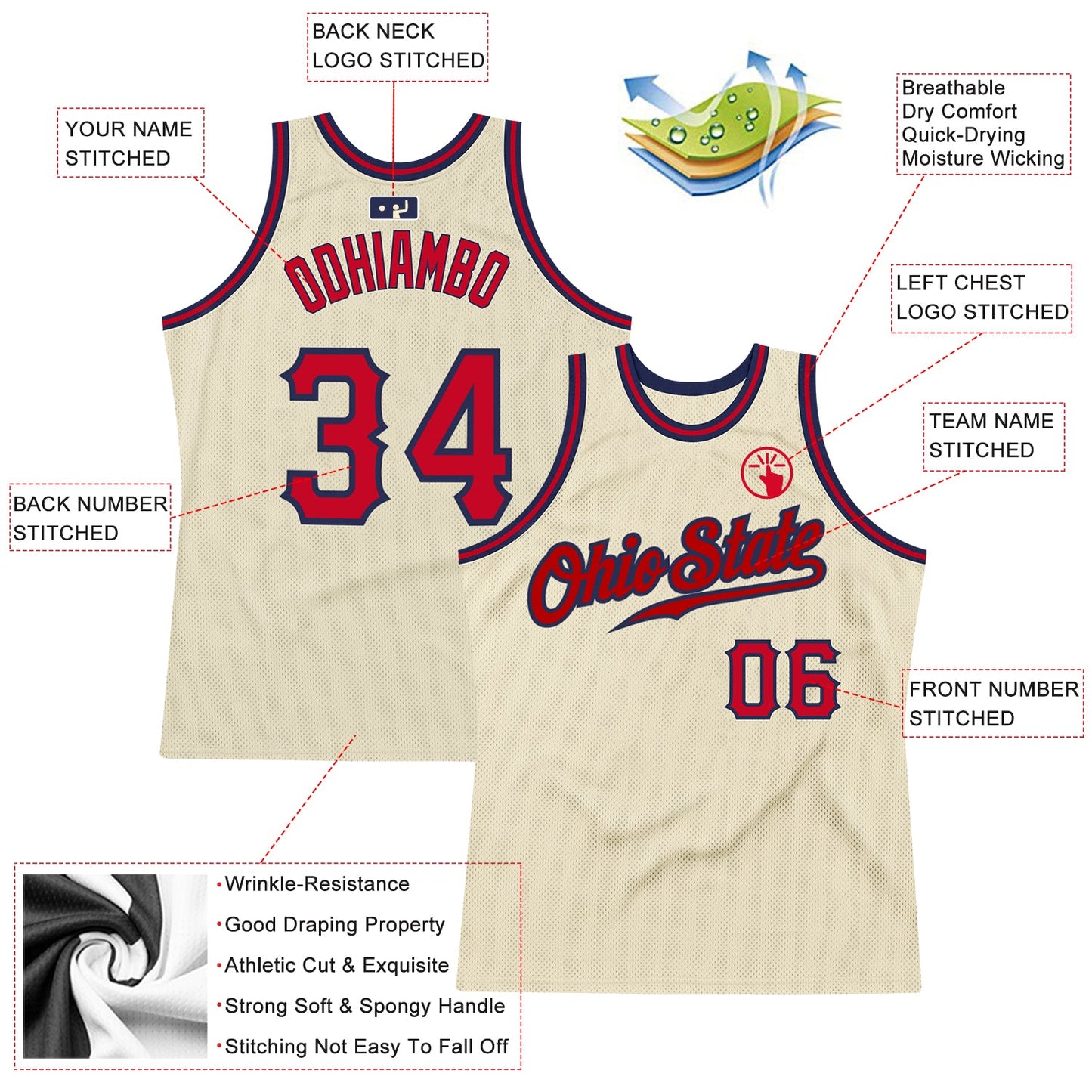 Custom Cream Red-Navy Authentic Throwback Basketball Jersey view 2