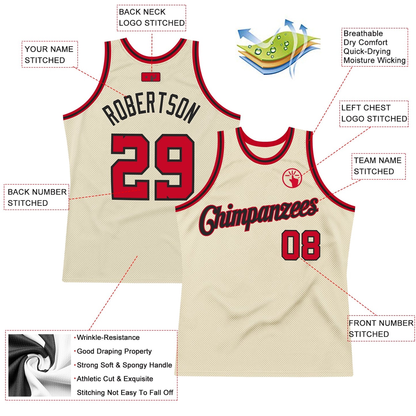 Custom Cream Red-Black Authentic Throwback Basketball Jersey view 2