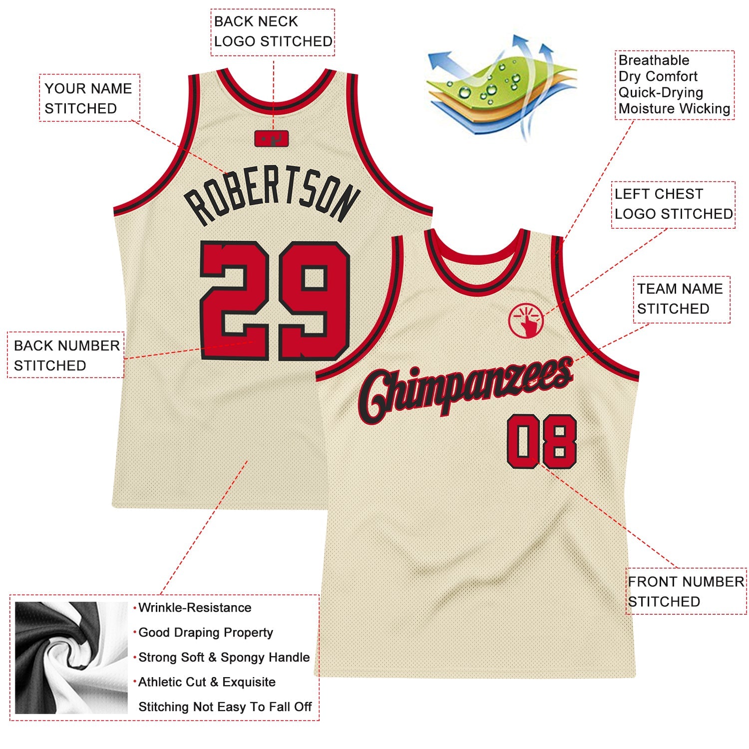 Custom Cream Red-Black Authentic Throwback Basketball Jersey view 2