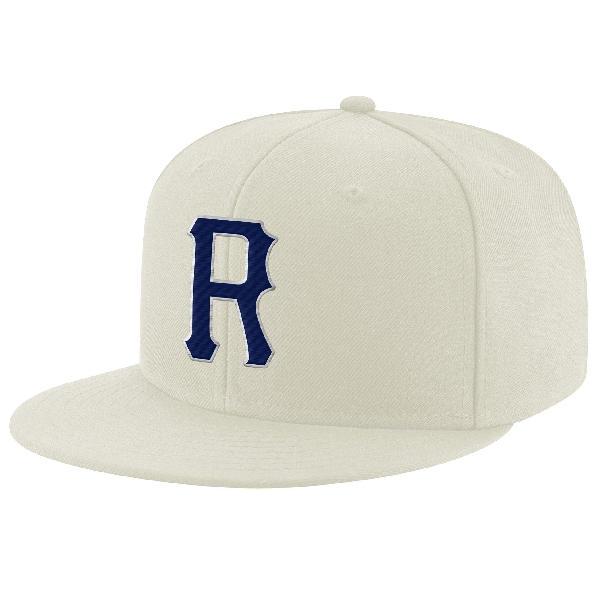 Custom Cream Navy-Gray Stitched Adjustable Snapback Hat - Main View