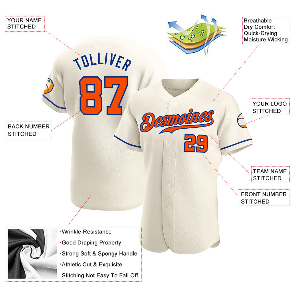 Custom Cream Orange-Royal Authentic Baseball Jersey view 3