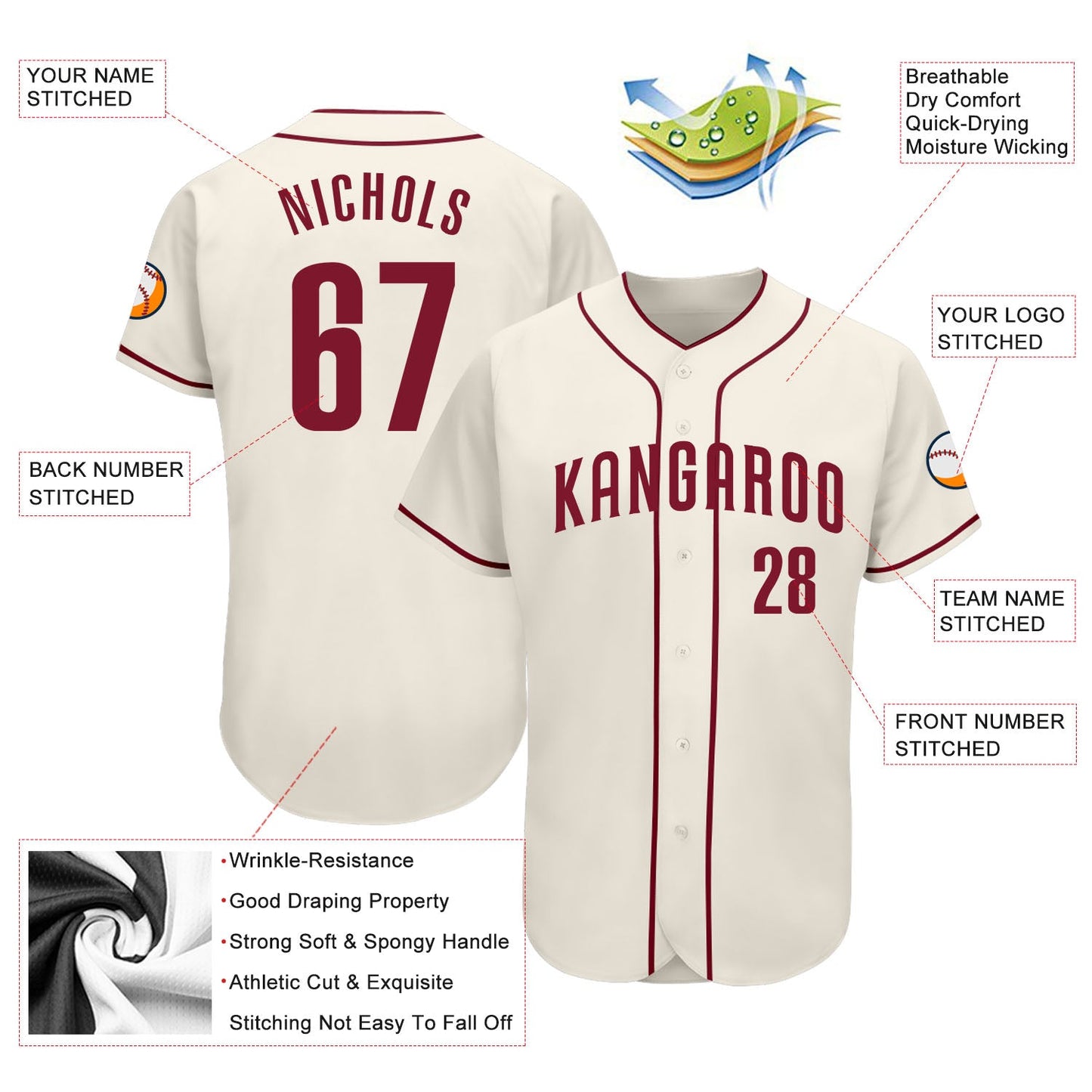 Custom Cream Crimson Authentic Baseball Jersey view 4