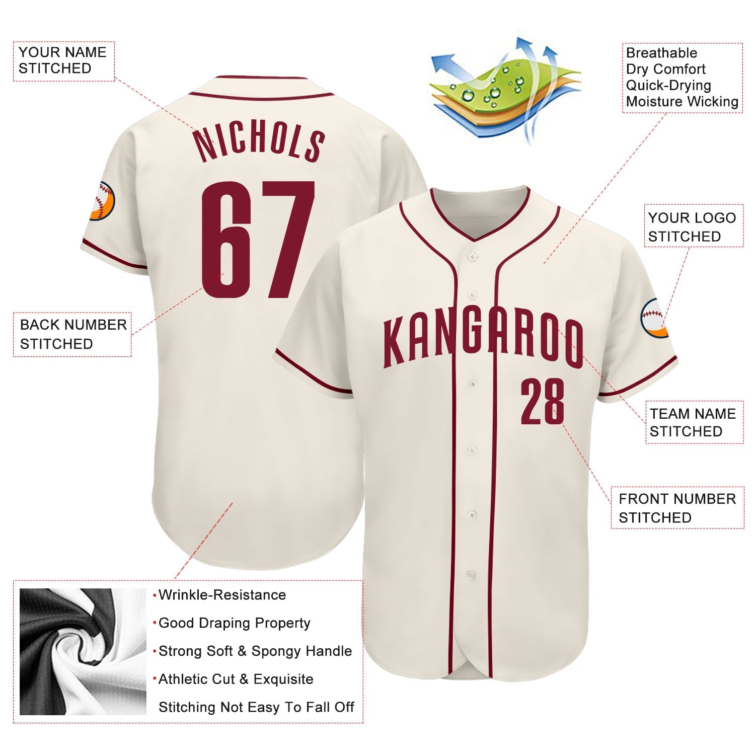 Custom Cream Crimson Authentic Baseball Jersey view 4