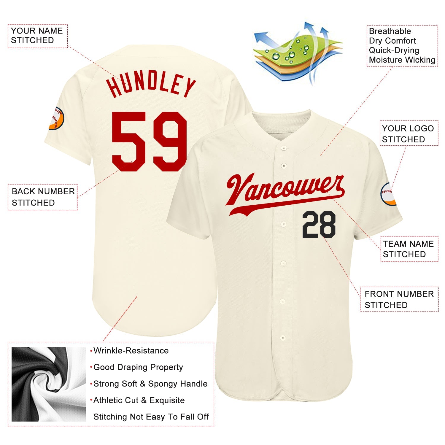 Custom Cream Red-Black Authentic Baseball Jersey view 3