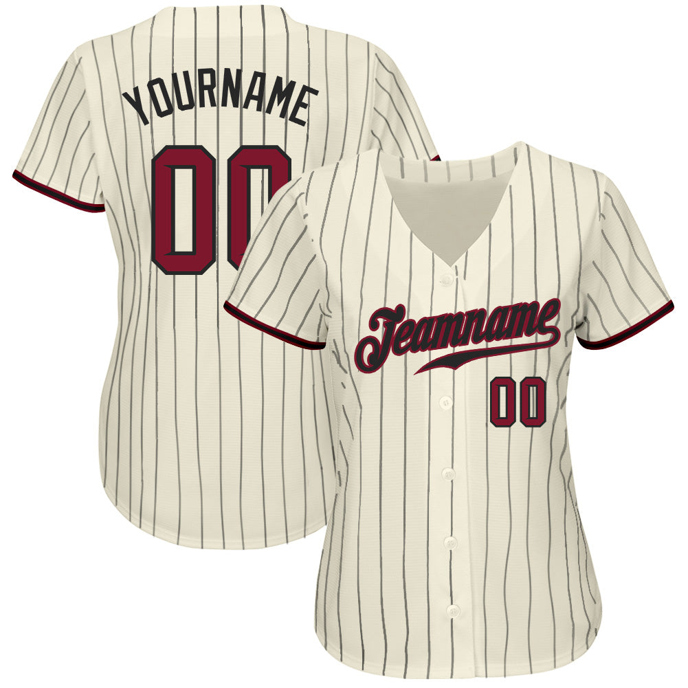 Custom Cream Black Pinstripe Crimson-Black Authentic Baseball Jersey view 2
