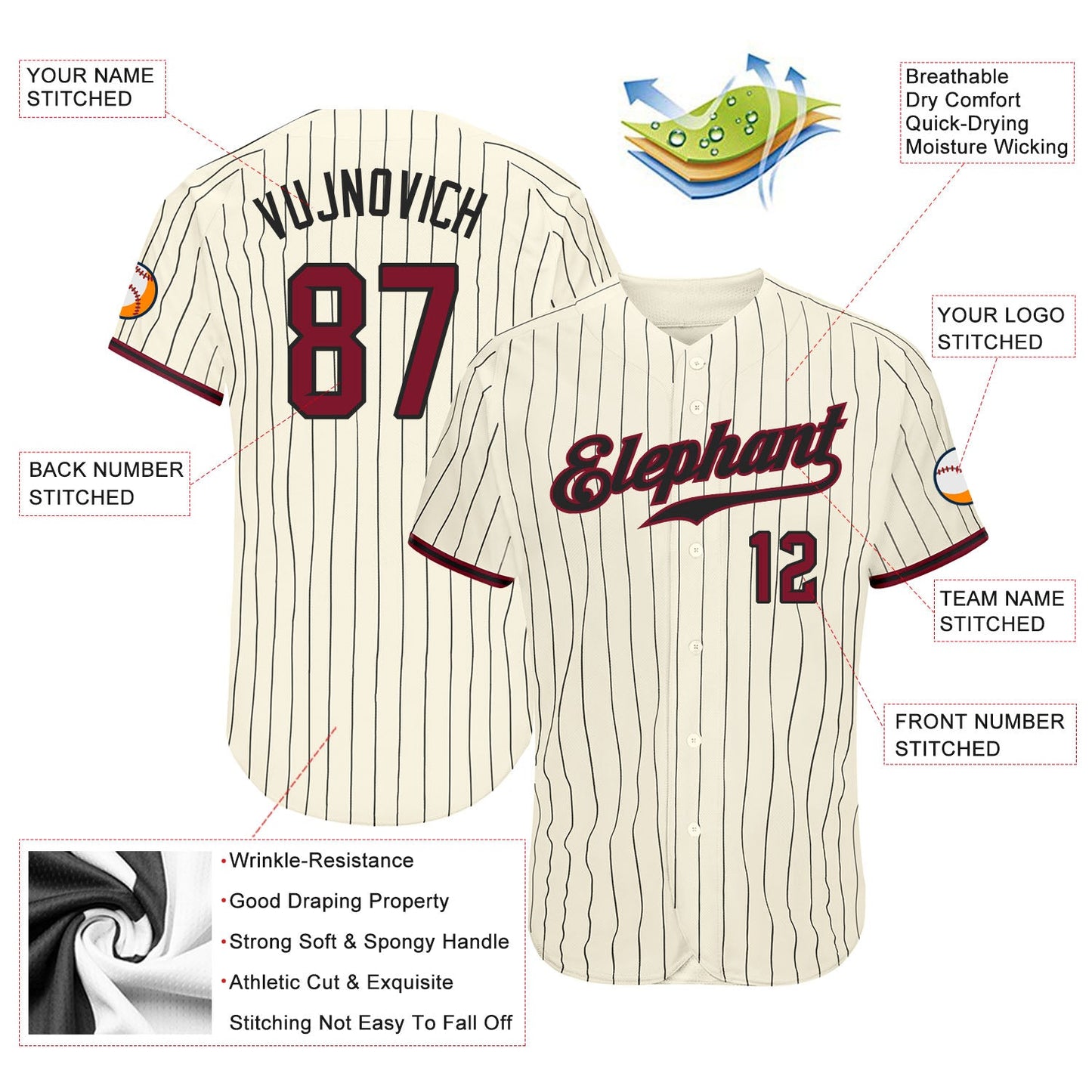 Custom Cream Black Pinstripe Crimson-Black Authentic Baseball Jersey view 3