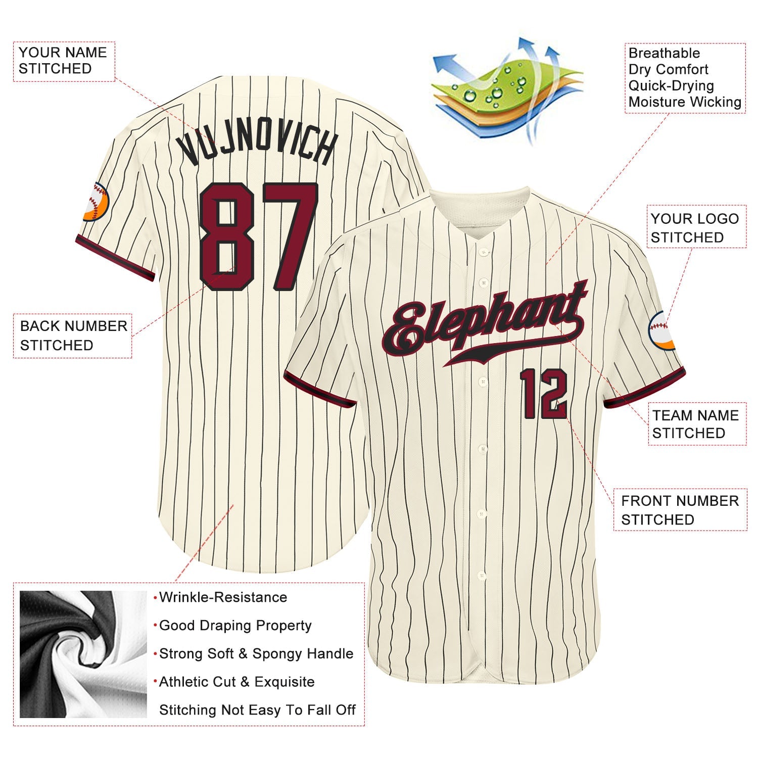 Custom Cream Black Pinstripe Crimson-Black Authentic Baseball Jersey view 3