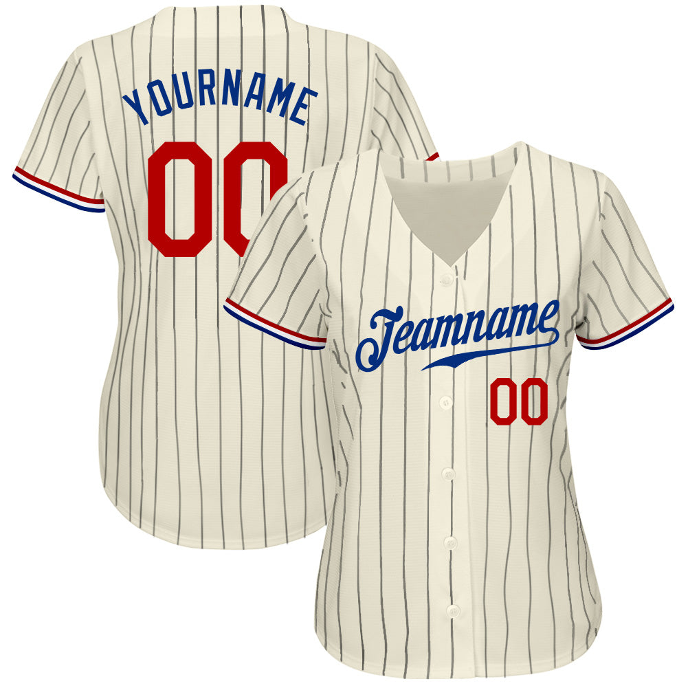 Custom Cream Black Pinstripe Red-Royal Authentic Baseball Jersey view 3
