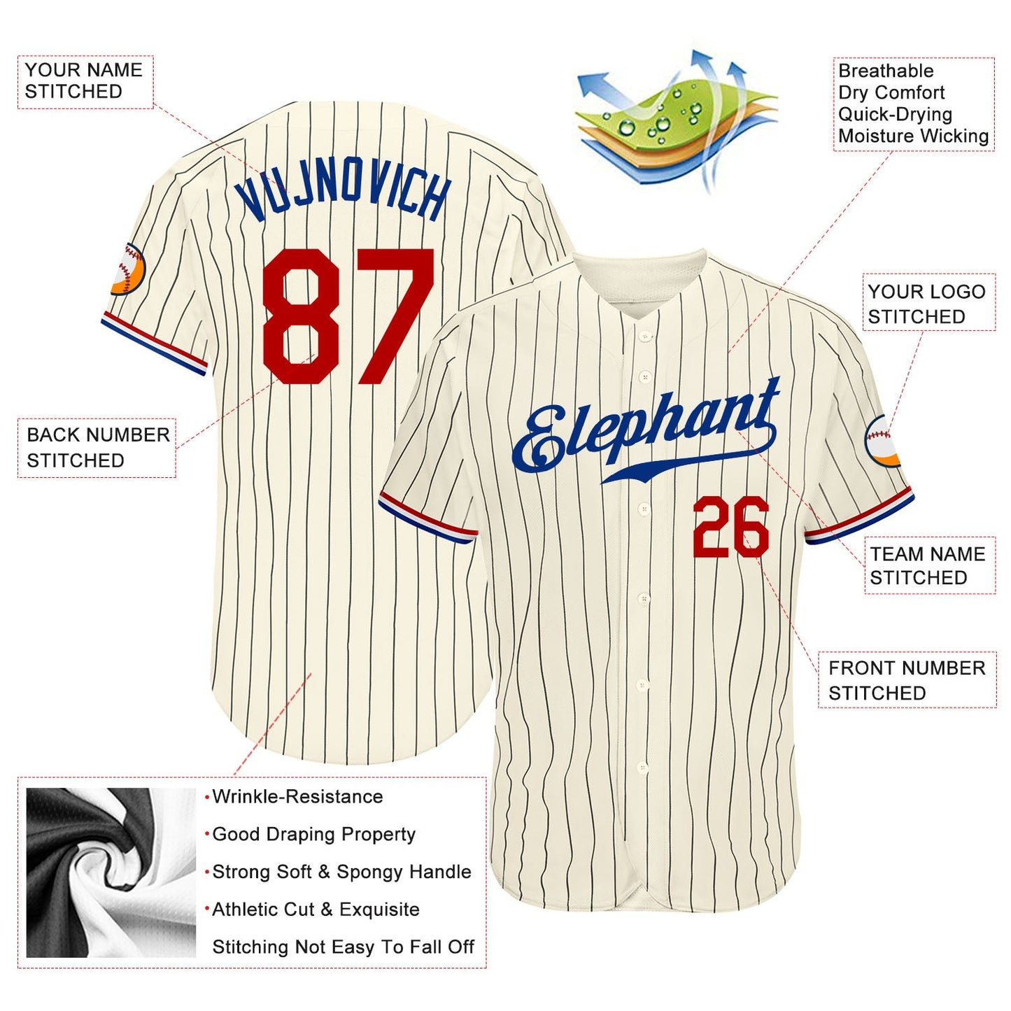 Custom Cream Black Pinstripe Red-Royal Authentic Baseball Jersey view 4