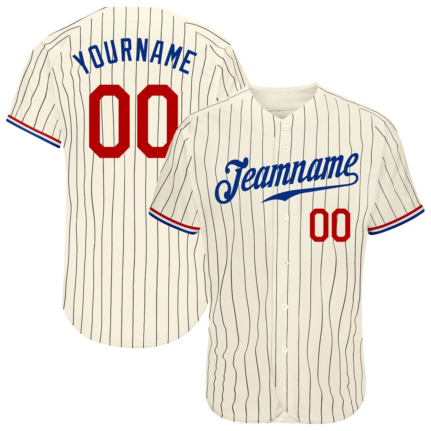 Custom Cream Black Pinstripe Red-Royal Authentic Baseball Jersey - Main View