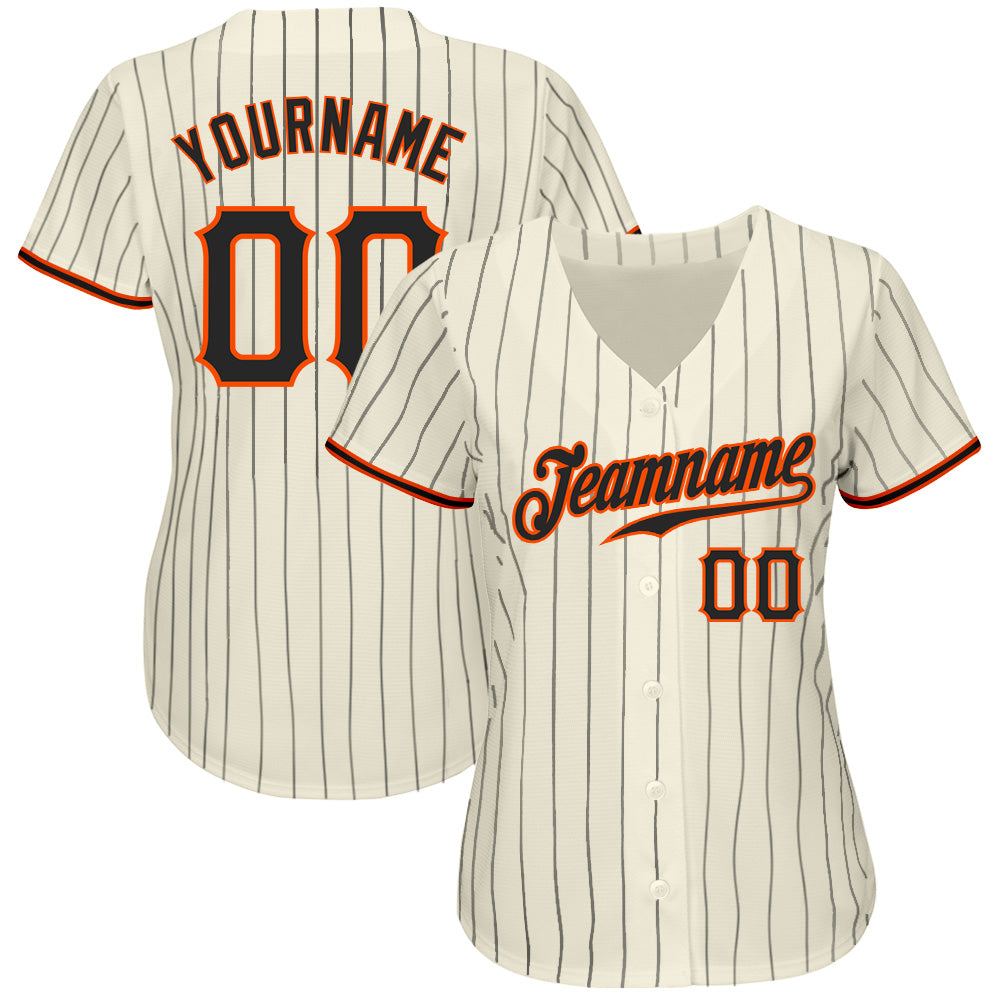 Custom Cream Black Pinstripe Black-Orange Authentic Baseball Jersey view 2