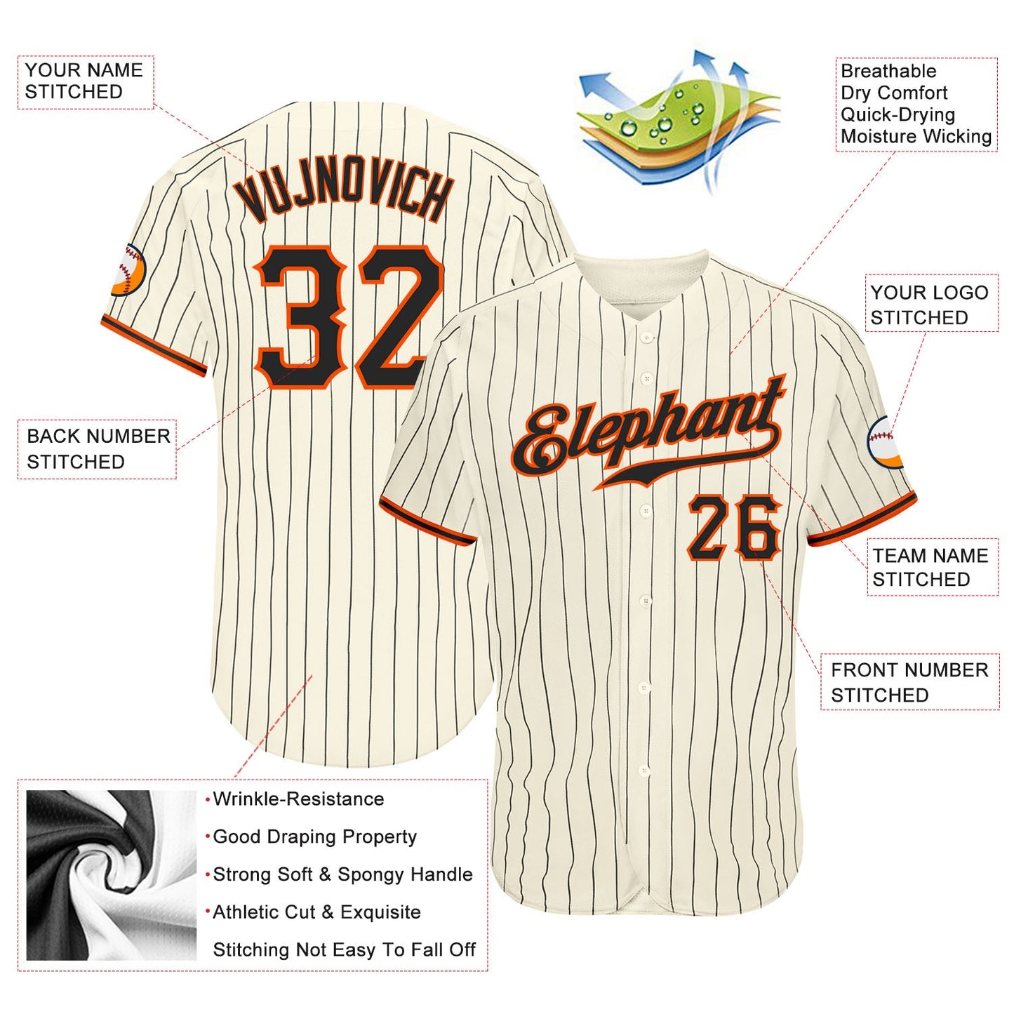 Custom Cream Black Pinstripe Black-Orange Authentic Baseball Jersey view 3