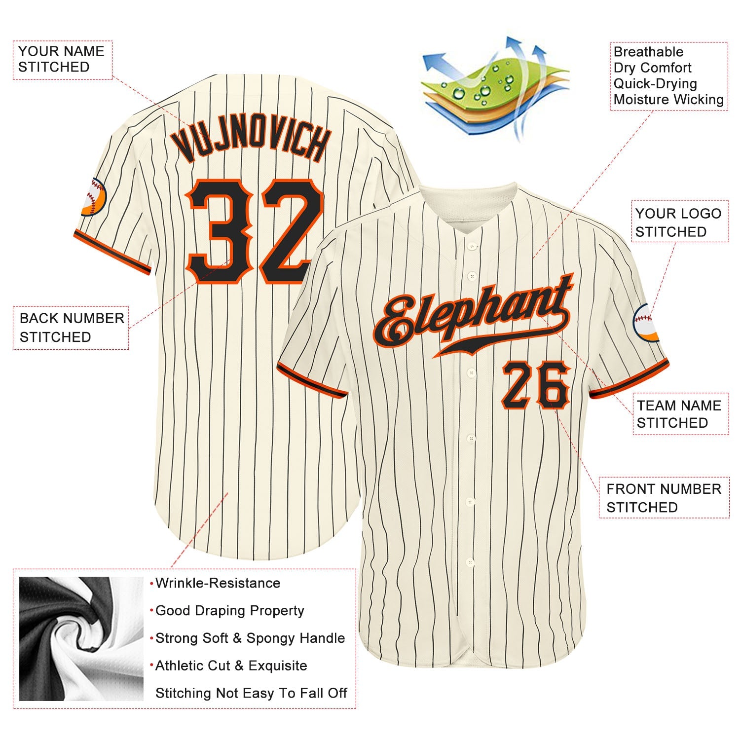 Custom Cream Black Pinstripe Black-Orange Authentic Baseball Jersey view 3