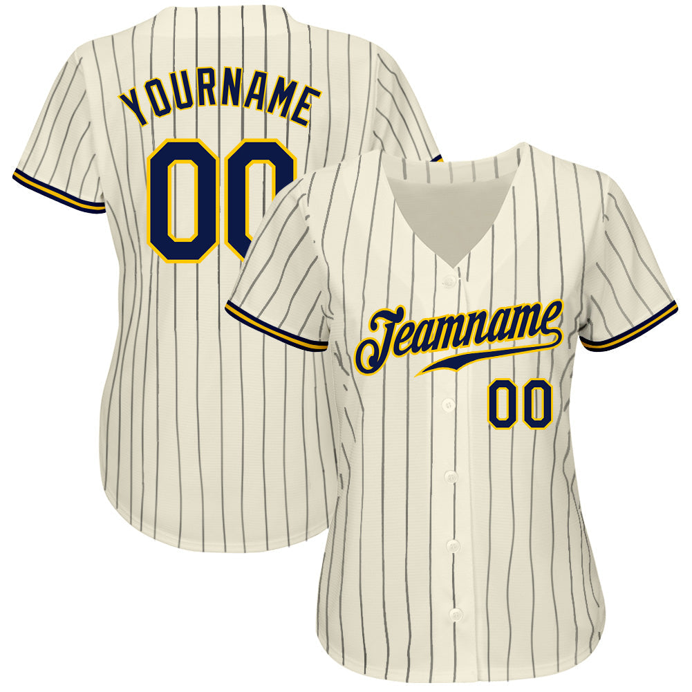 Custom Cream Navy Pinstripe Navy-Gold Authentic Baseball Jersey view 2