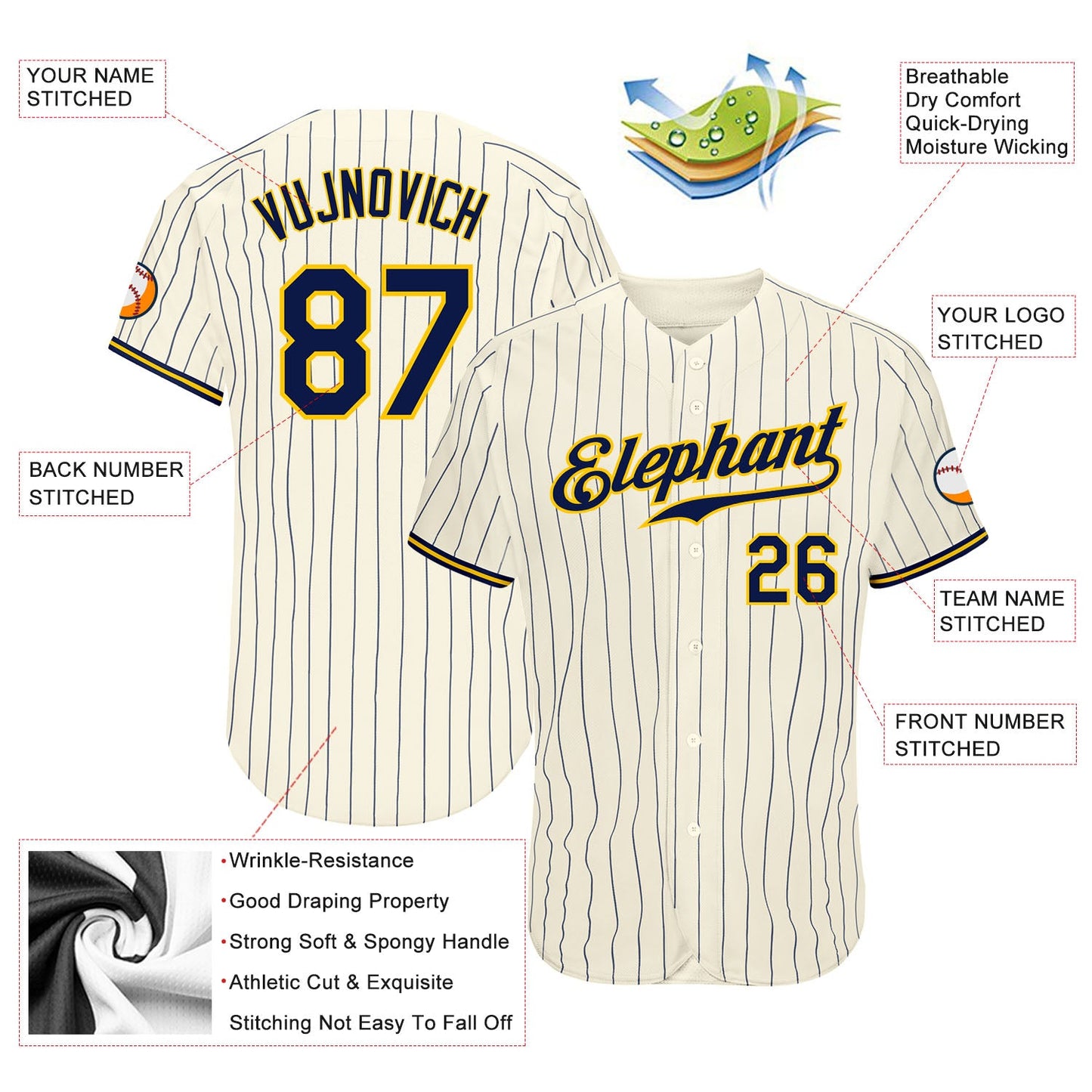 Custom Cream Navy Pinstripe Navy-Gold Authentic Baseball Jersey view 3