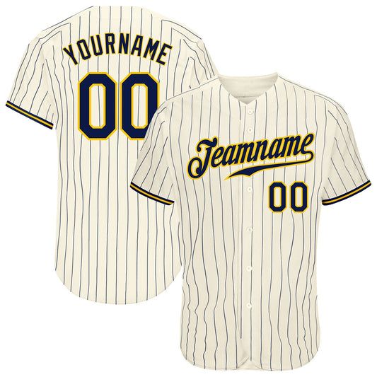 Custom Cream Navy Pinstripe Navy-Gold Authentic Baseball Jersey - Main View