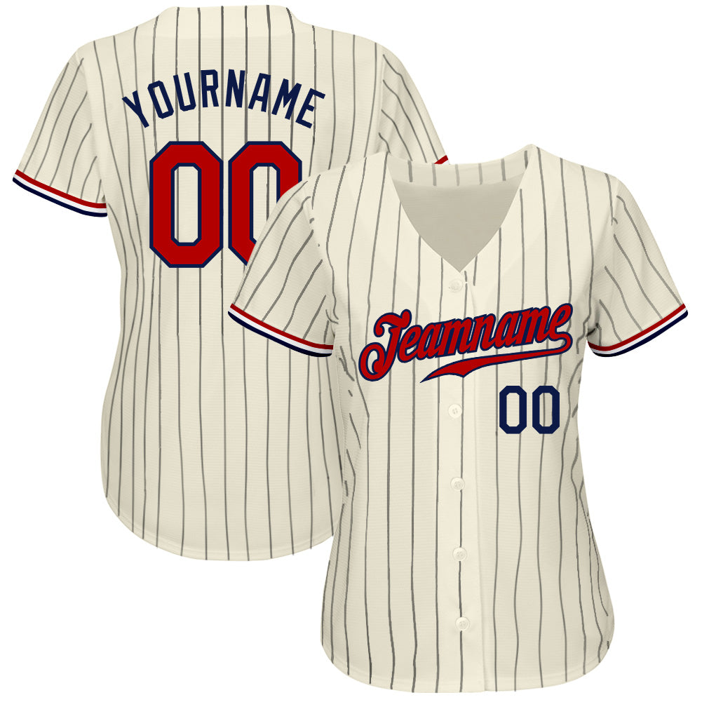 Custom Cream Navy Pinstripe Navy-Red Authentic Baseball Jersey view 2