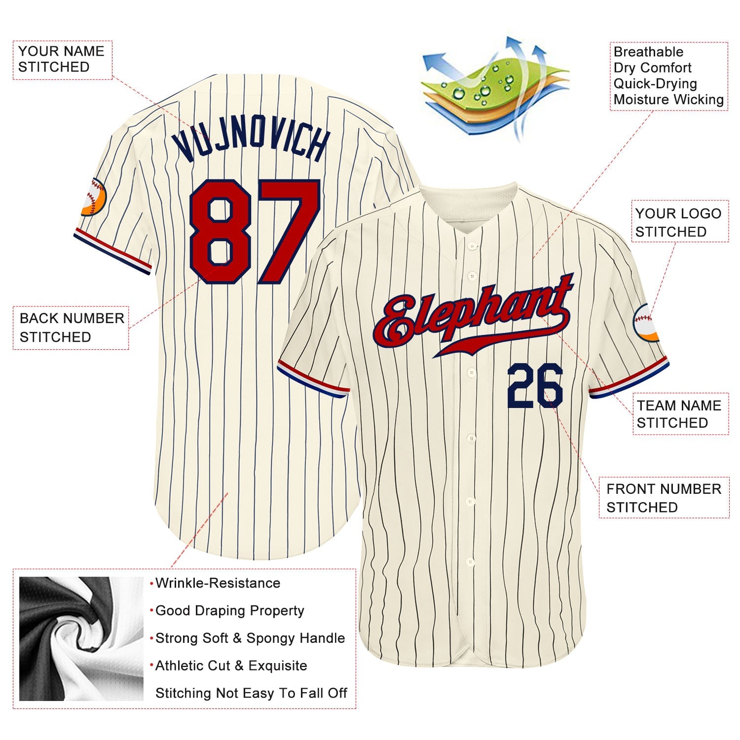 Custom Cream Navy Pinstripe Navy-Red Authentic Baseball Jersey view 3