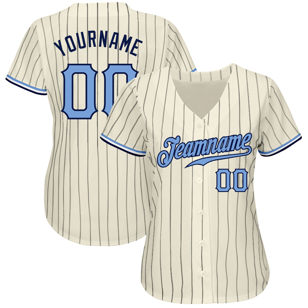 Custom Cream Navy Pinstripe Light Blue-Navy Authentic Baseball Jersey view 2