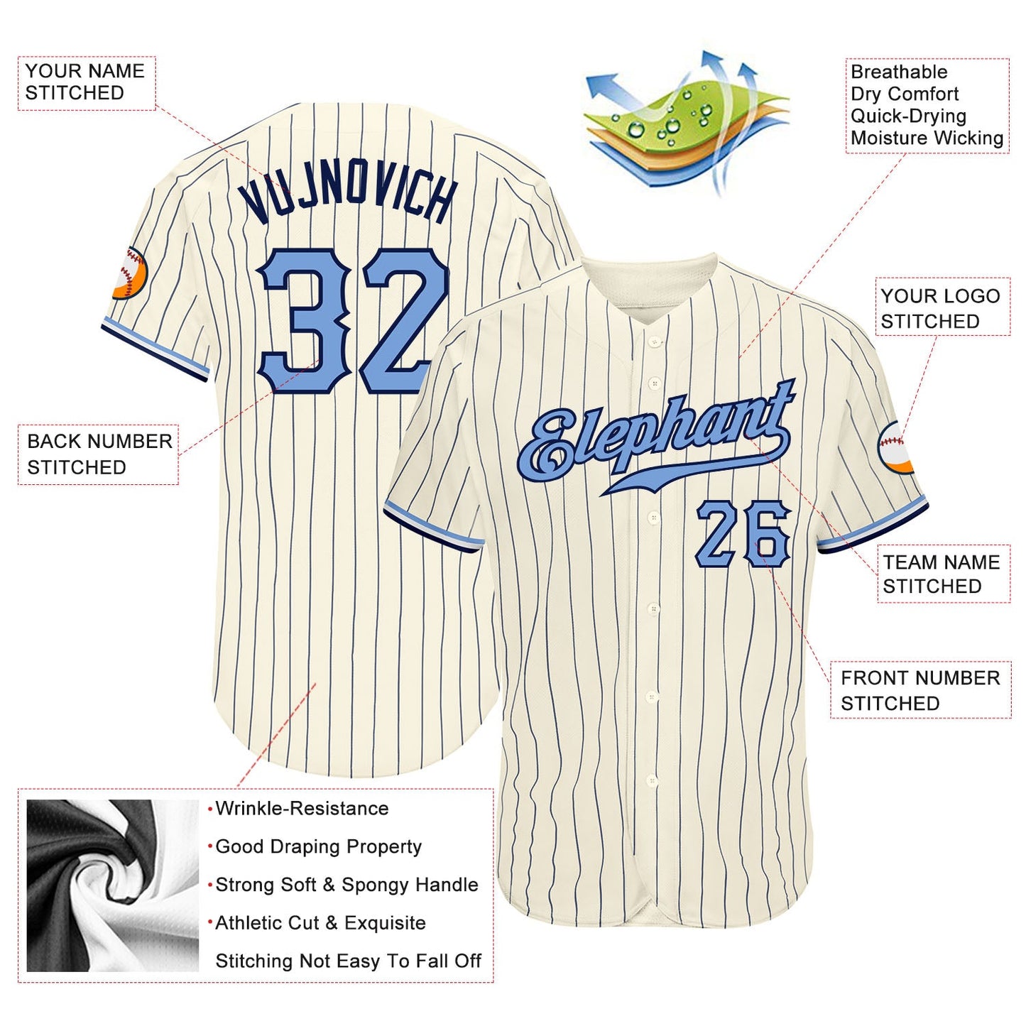 Custom Cream Navy Pinstripe Light Blue-Navy Authentic Baseball Jersey view 3
