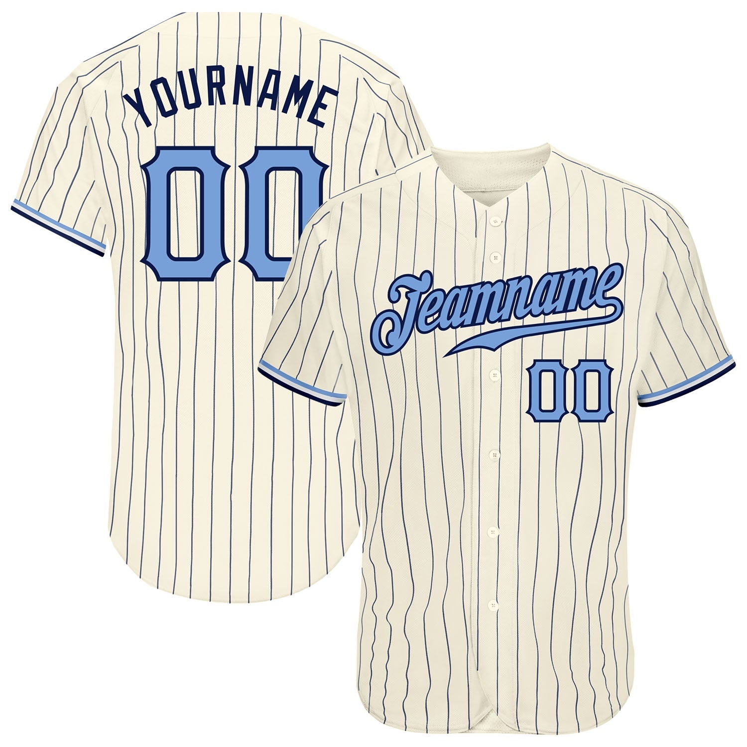 Custom Cream Navy Pinstripe Light Blue-Navy Authentic Baseball Jersey - Main View