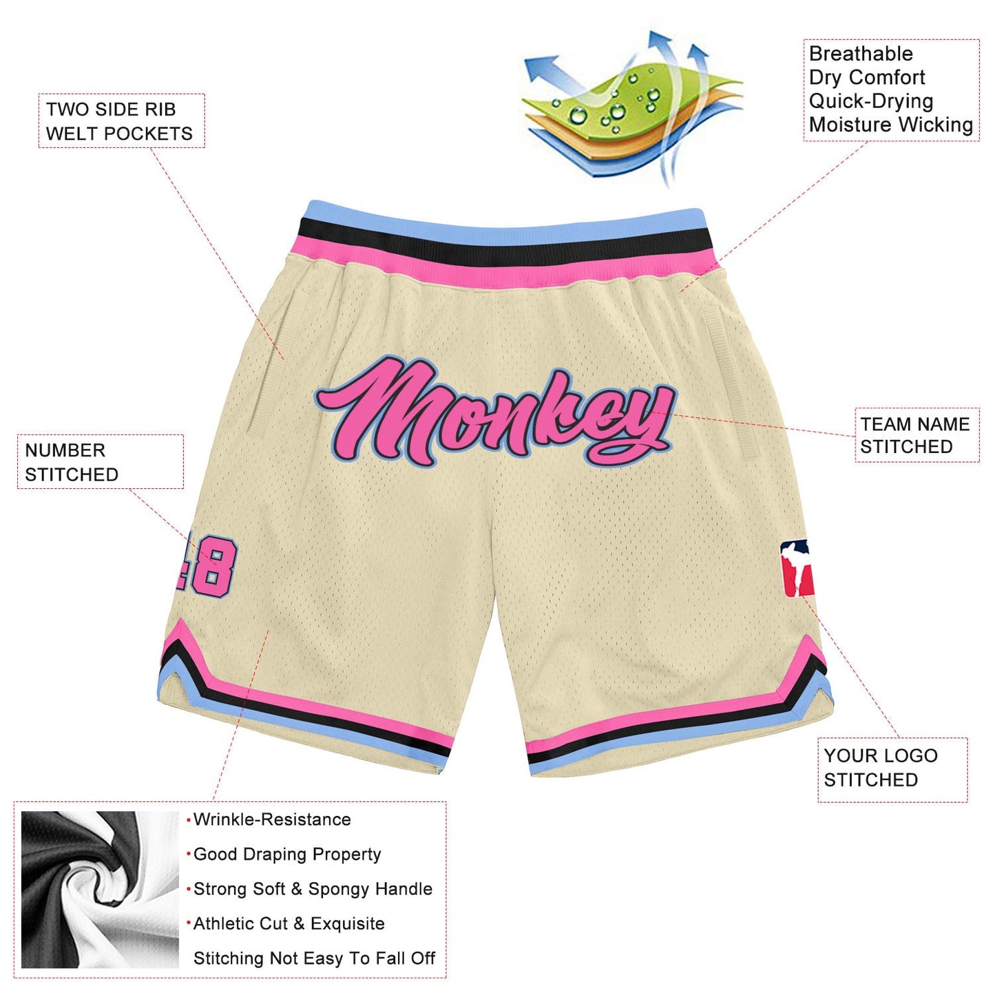 Custom Cream Pink-Light Blue Authentic Throwback Basketball Shorts view 2