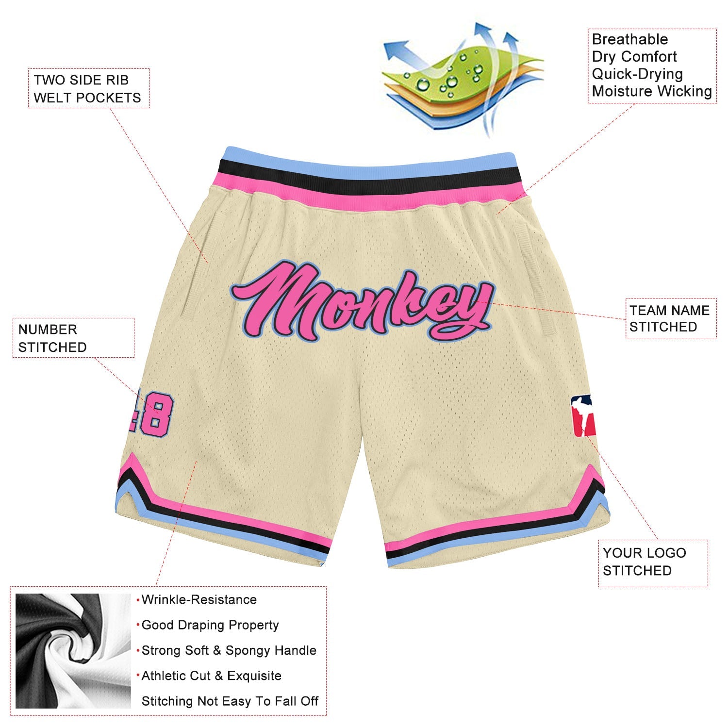 Custom Cream Pink-Light Blue Authentic Throwback Basketball Shorts view 2