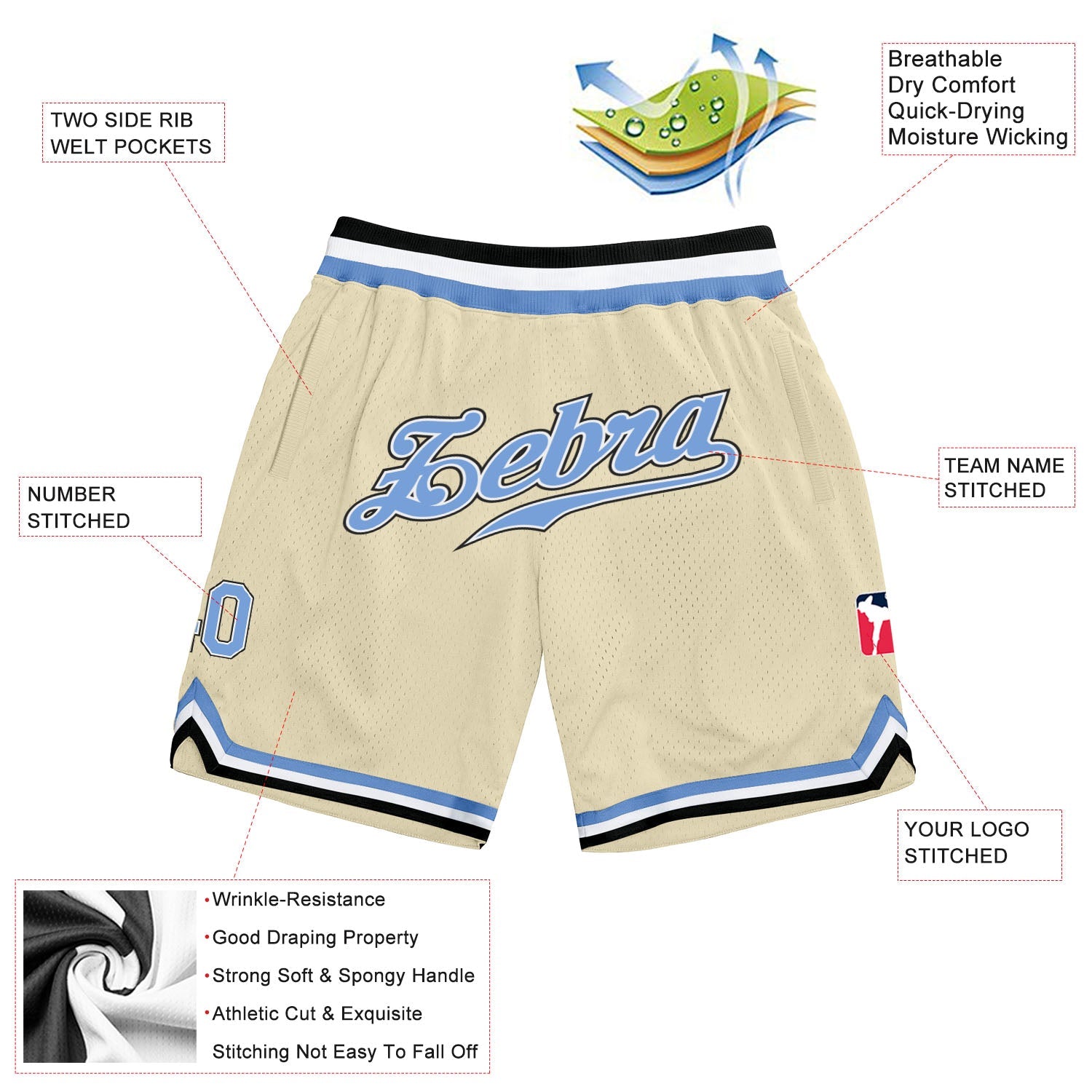 Custom Cream Light Blue-Black Authentic Throwback Basketball Shorts view 2