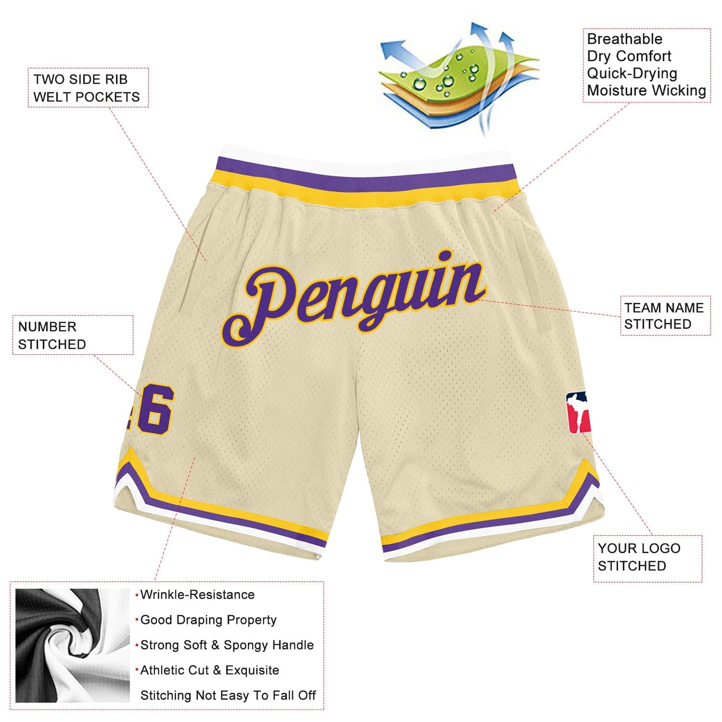 Custom Cream Purple-Gold Authentic Throwback Basketball Shorts view 2
