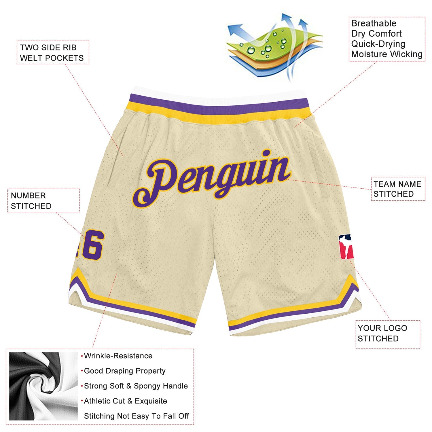 Custom Cream Purple-Gold Authentic Throwback Basketball Shorts view 2