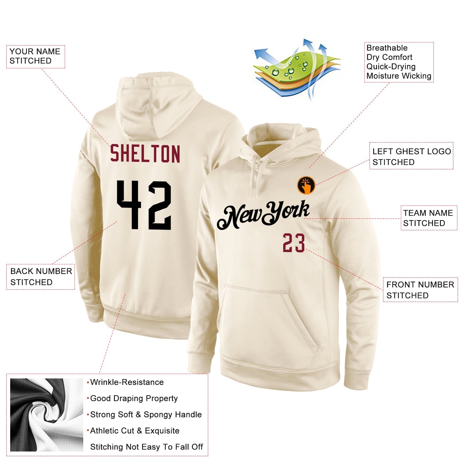 Custom Stitched Cream Black-Crimson Sports Pullover Sweatshirt Hoodie view 4