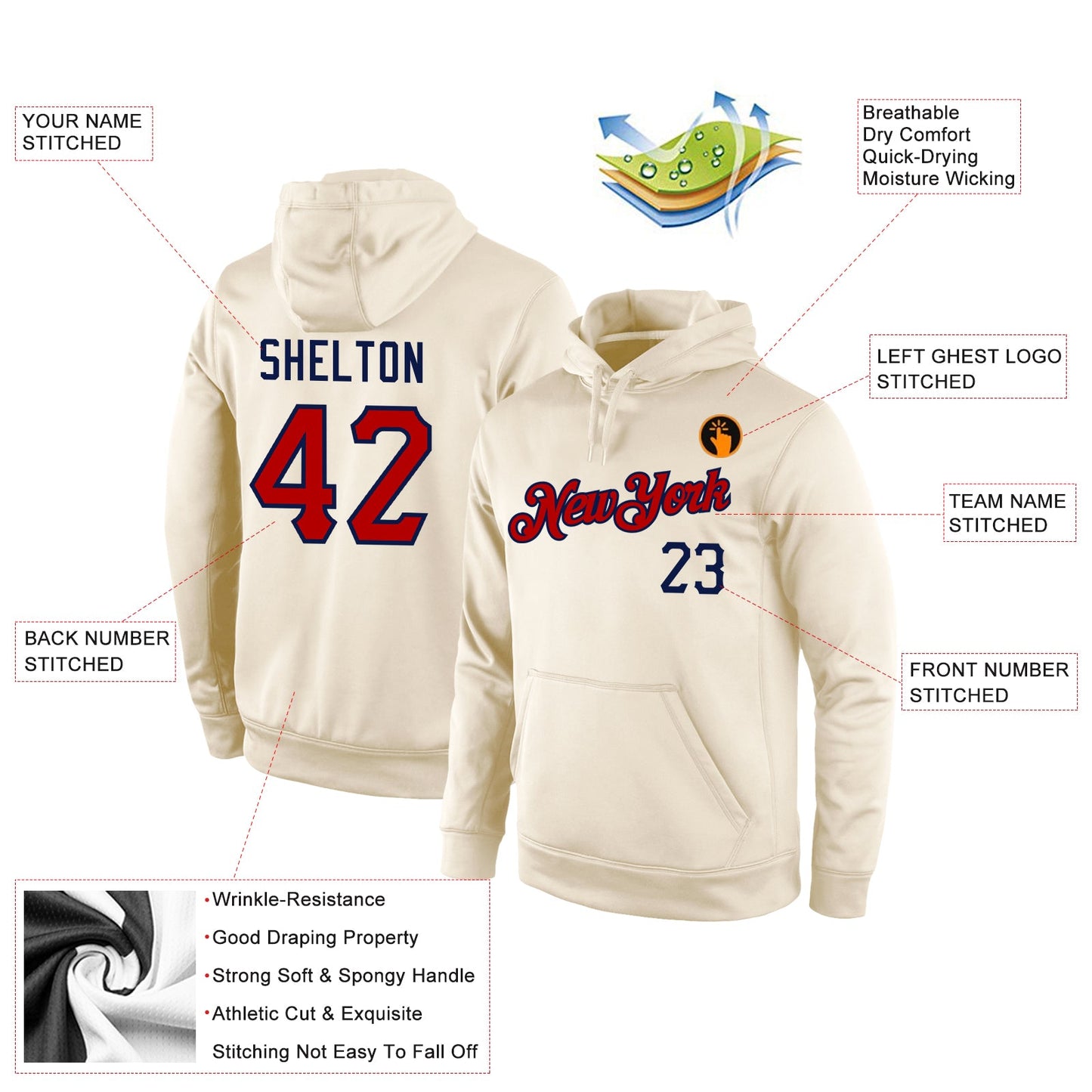 Custom Stitched Cream Red-Navy Sports Pullover Sweatshirt Hoodie view 4