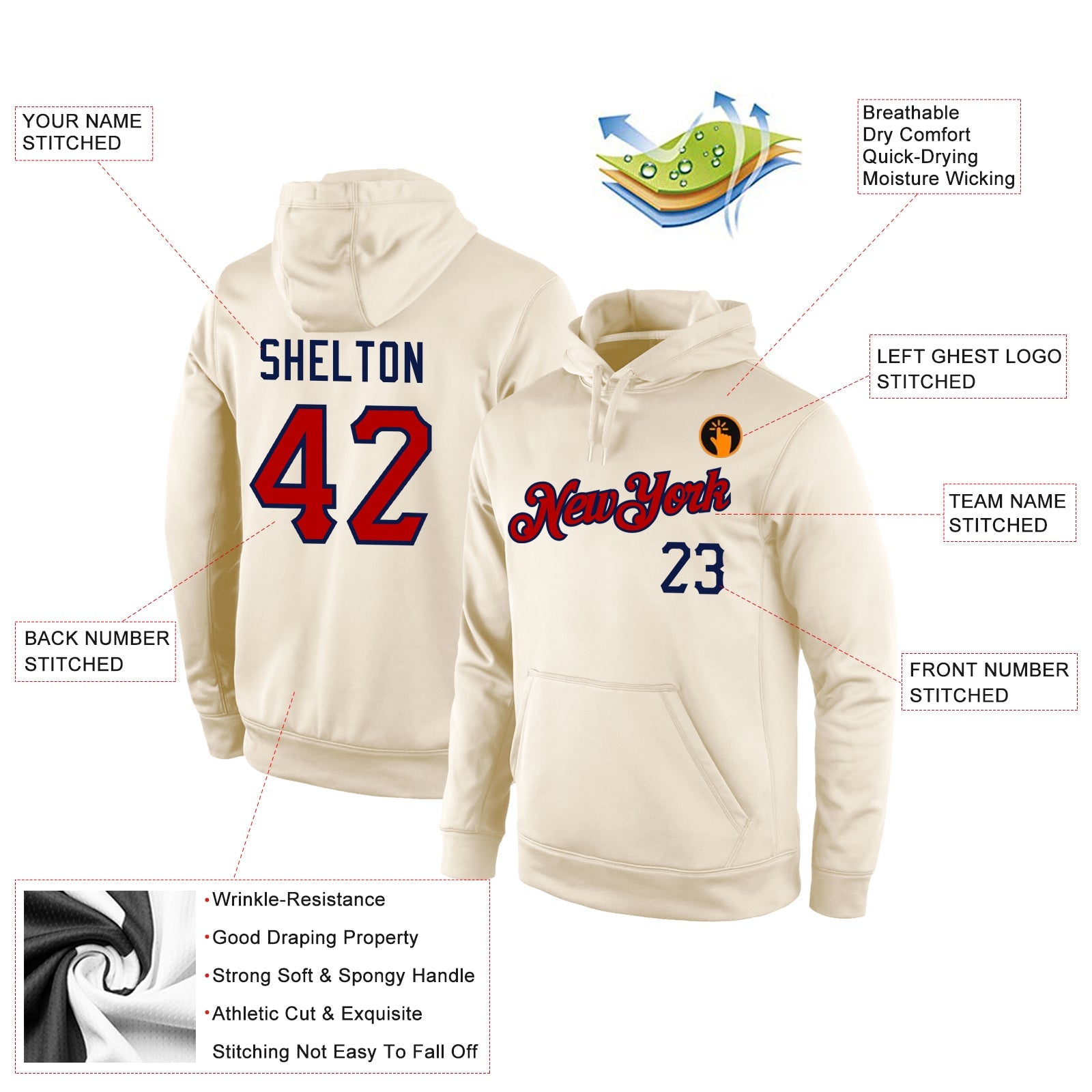 Custom Stitched Cream Red-Navy Sports Pullover Sweatshirt Hoodie view 4