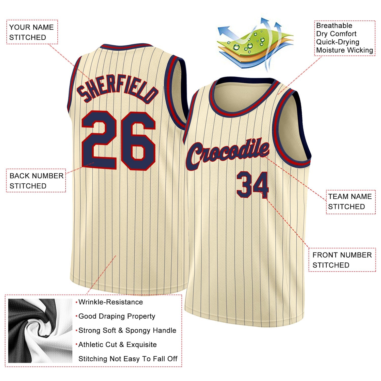 Custom Cream Navy Pinstripe Navy-Red Authentic Basketball Jersey view 2