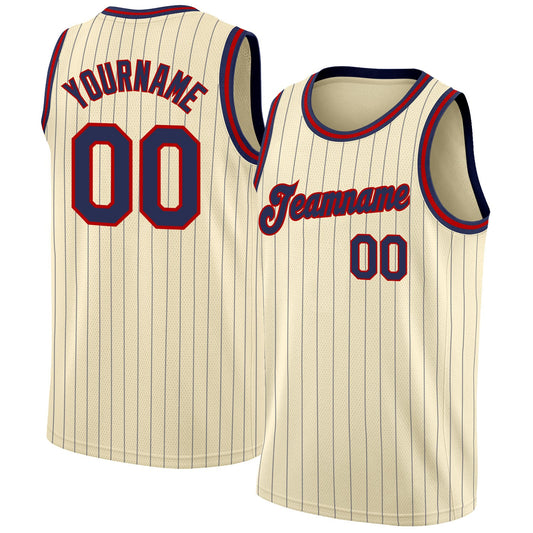Custom Cream Navy Pinstripe Navy-Red Authentic Basketball Jersey - Main View