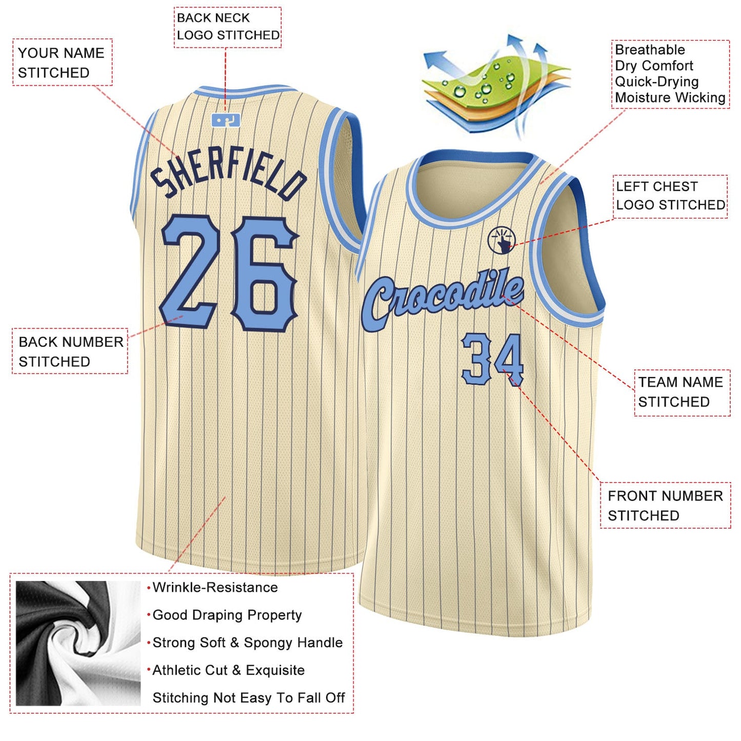 Custom Cream Navy Pinstripe Light Blue-Black Authentic Basketball Jersey view 2