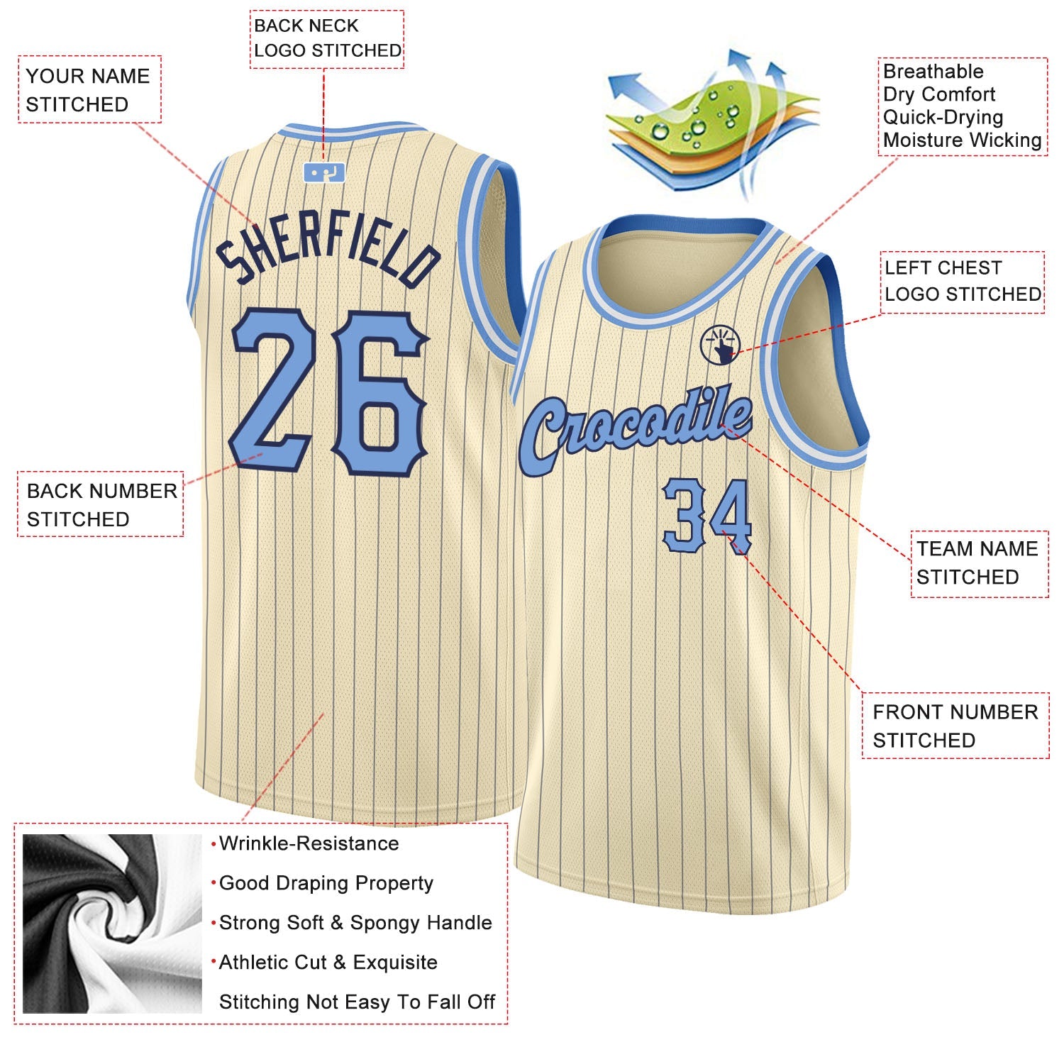 Custom Cream Navy Pinstripe Light Blue-Black Authentic Basketball Jersey view 2