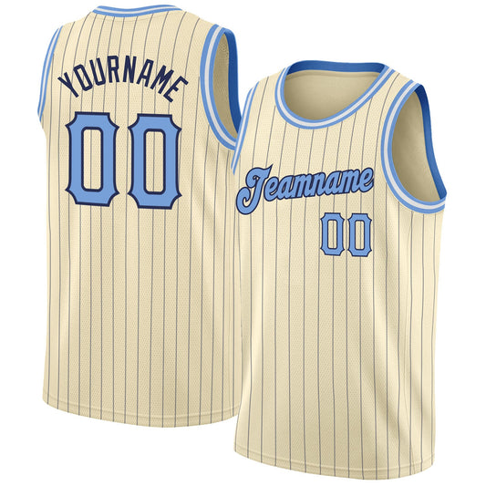 Custom Cream Navy Pinstripe Light Blue-Black Authentic Basketball Jersey - Main View